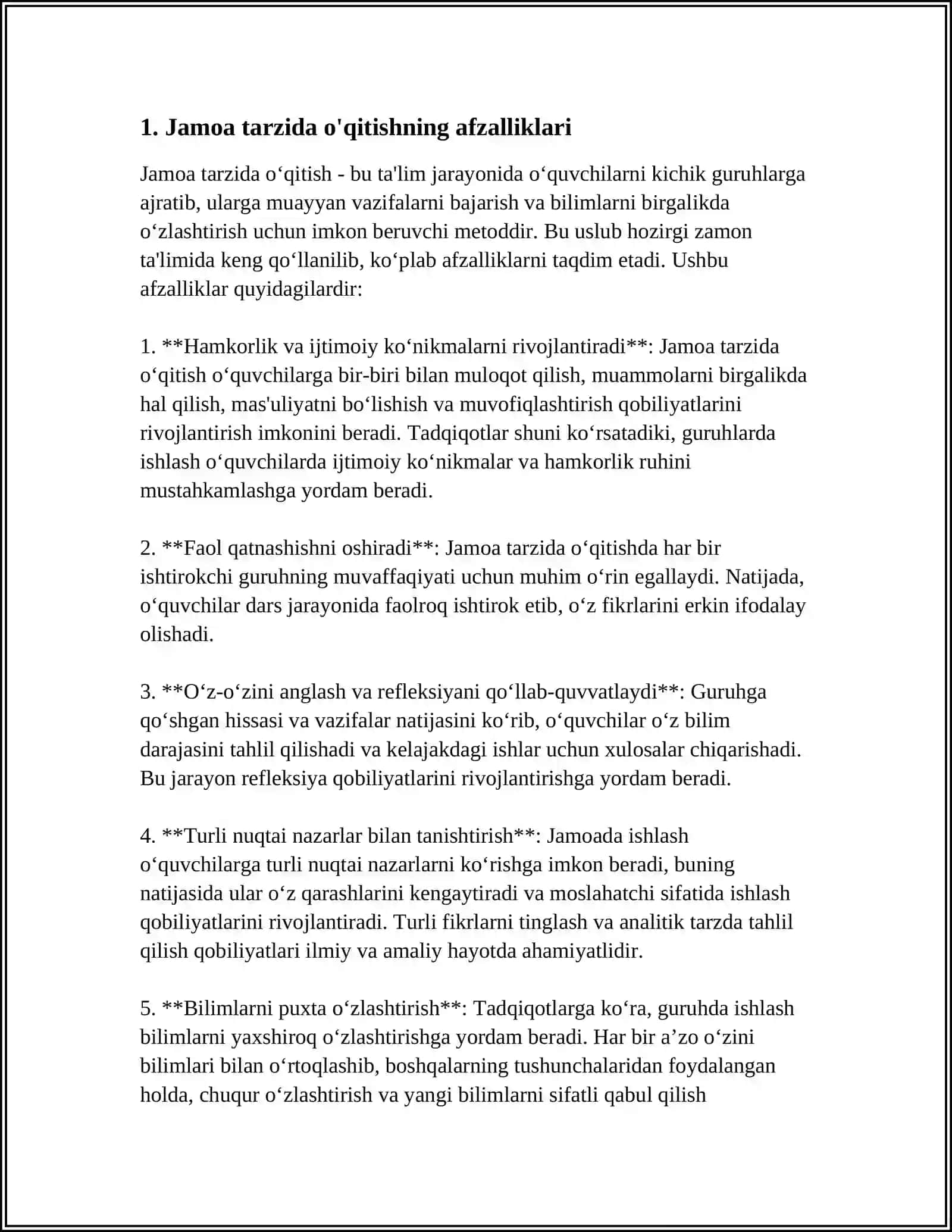 BILIMLARNI O'QITISHDA DARSNING JAMOA, GURUHLI VA INDUVIDUAL SHAKLLARIDAN FOYDALANISH 4
