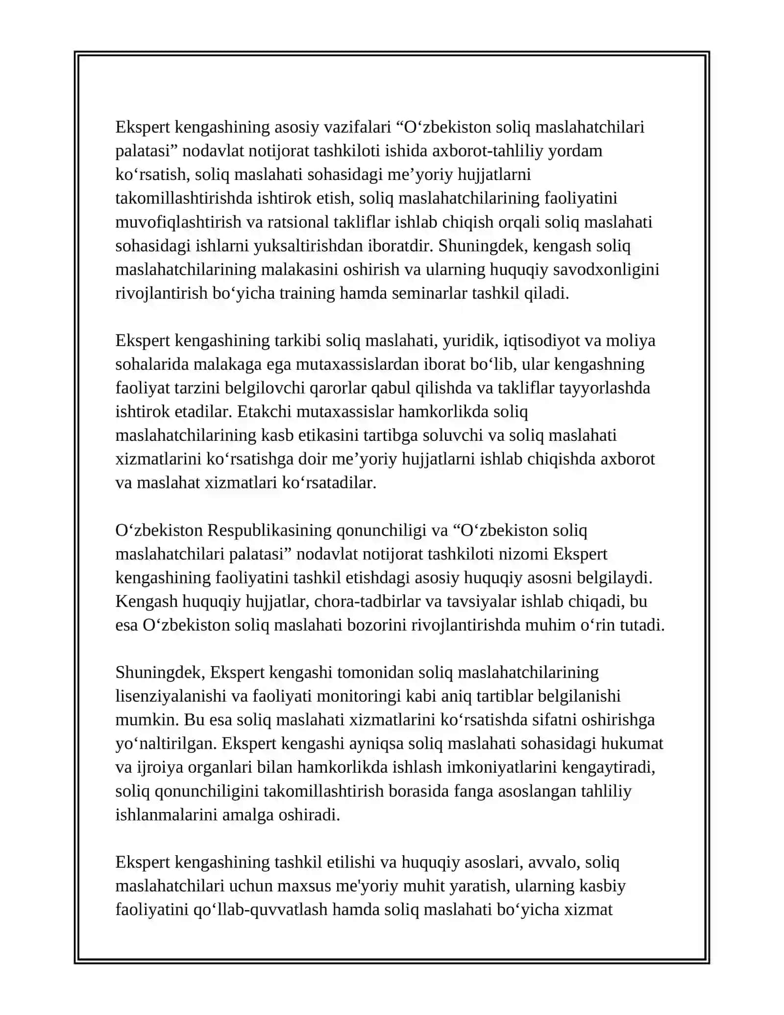 “O‘ZBEKISTON SOLIQ MASLAHATCHILARI PALATASI”NNT HUZURIDAGI EKSPERT KENGASHINING ASOSIY VAZIFALARI VA FUNKTSIYALARI 4