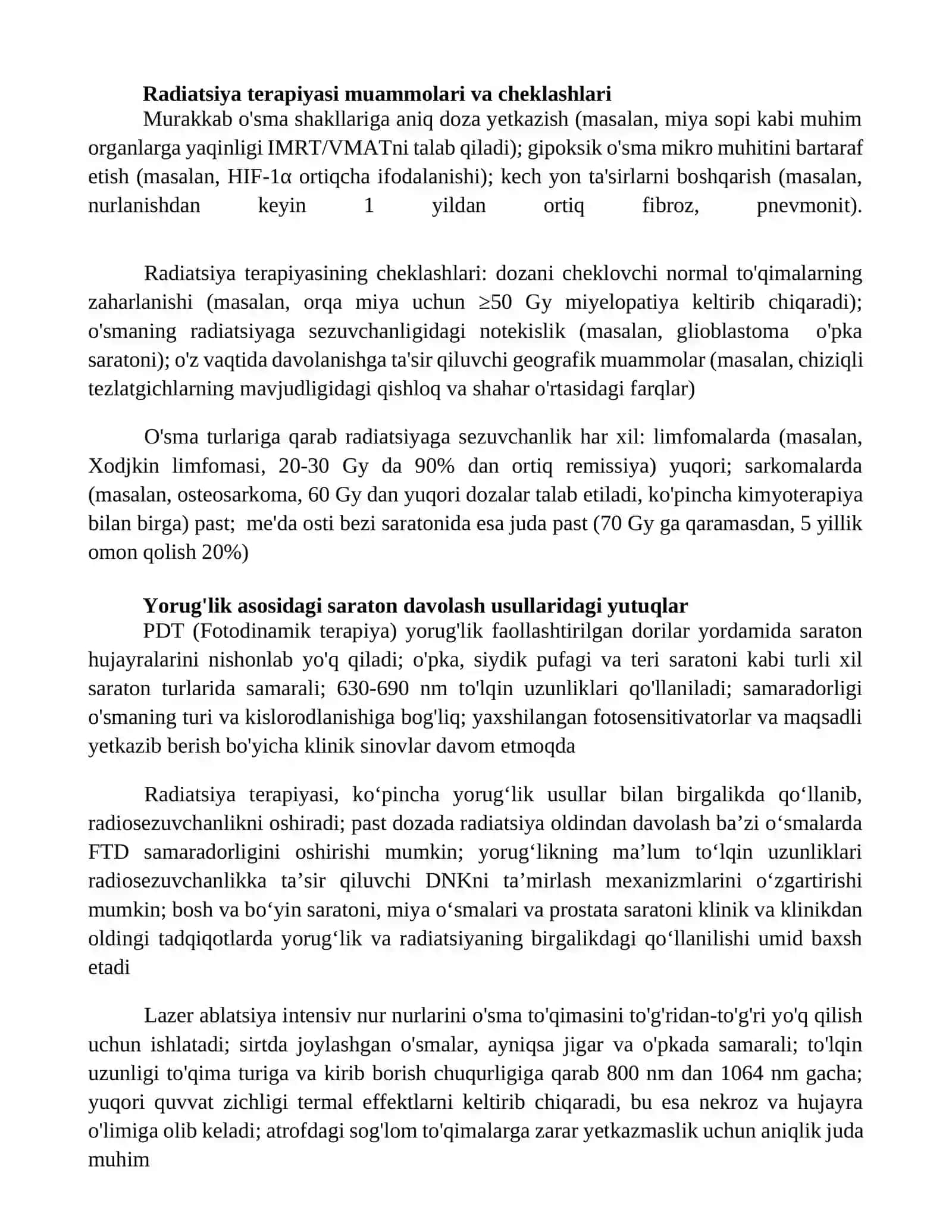 Oʻsmani nur bilan davolash.turli oʻsmalarni radiosezgirligi 4