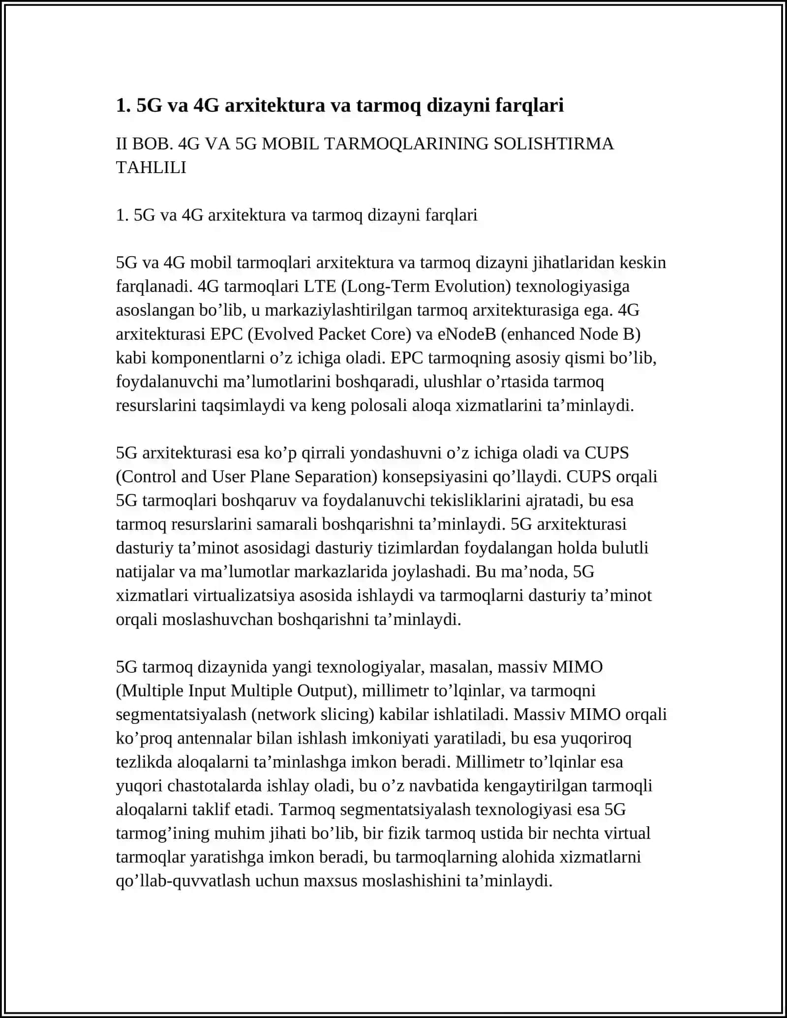 BOB. 4G VA 5G MOBIL TARMOQLARINING SOLISHTIRMA TAHLILI 4