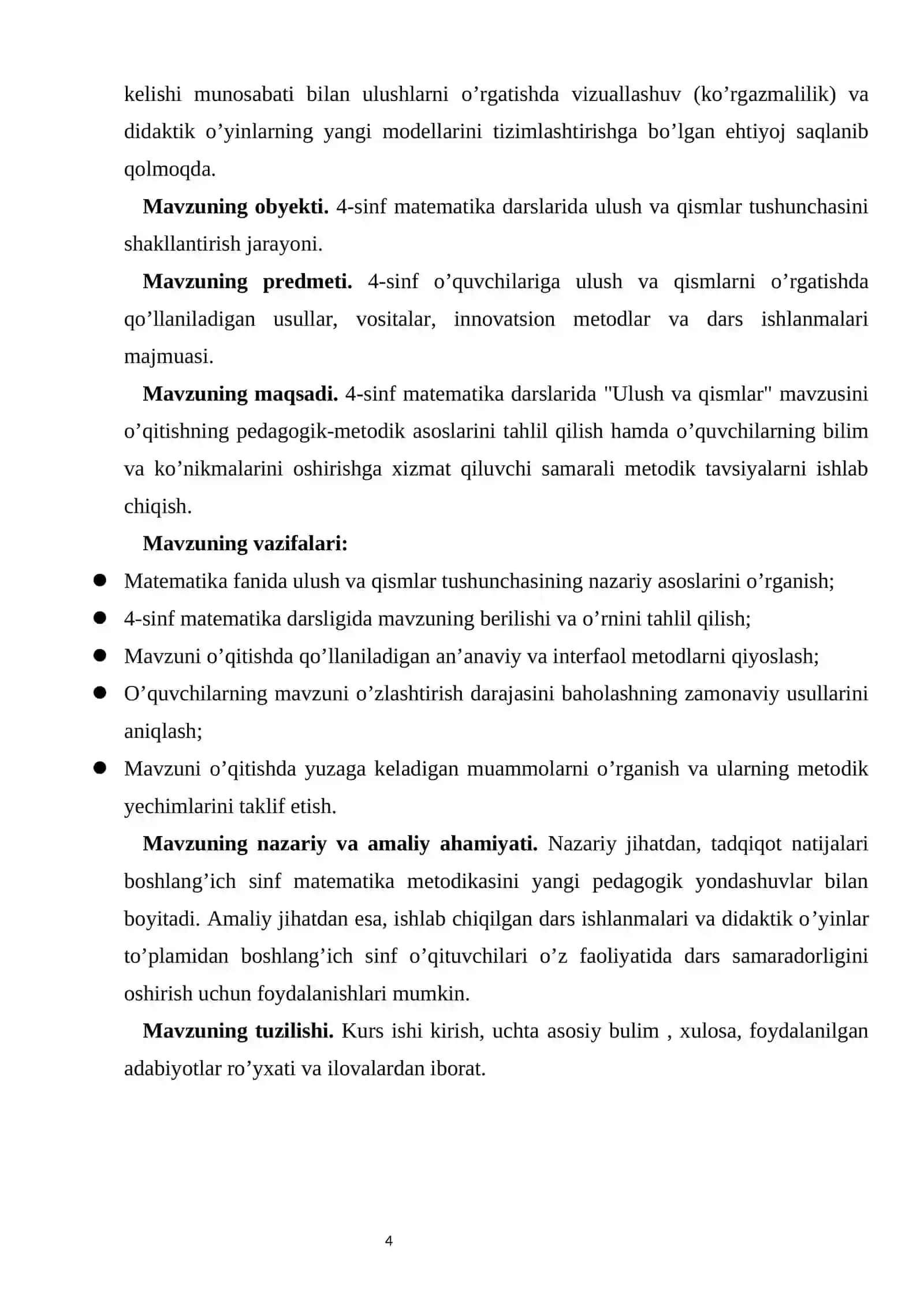 4-sinf matematika darslarida ulush va qismlarni o’rgatish metodikasi kurs ishi 4