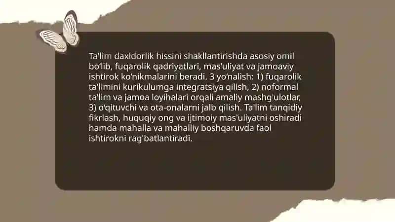 Fuqarolik jamiyatini qurishda ijtimoiy faollik va daxldorlik hissini oshirish ahamiyati 4