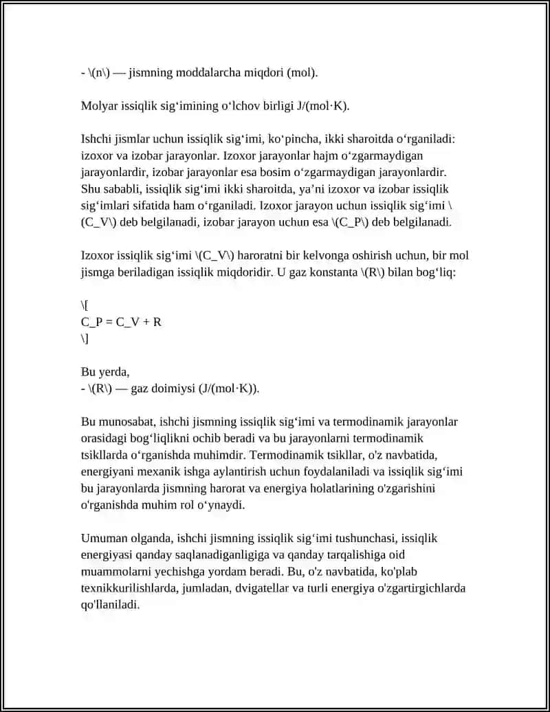 ISHCHI JISMNING ISSIQLIK SIGʻIMI, TERMODENAMIK SIKLLARI 4
