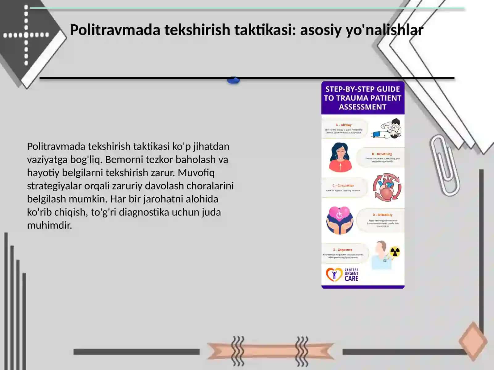 Ko'krak qafasi, qorin boshlig'i kichik tos a'zolari travmasi. Politravmada tekshirish taktikasi 4