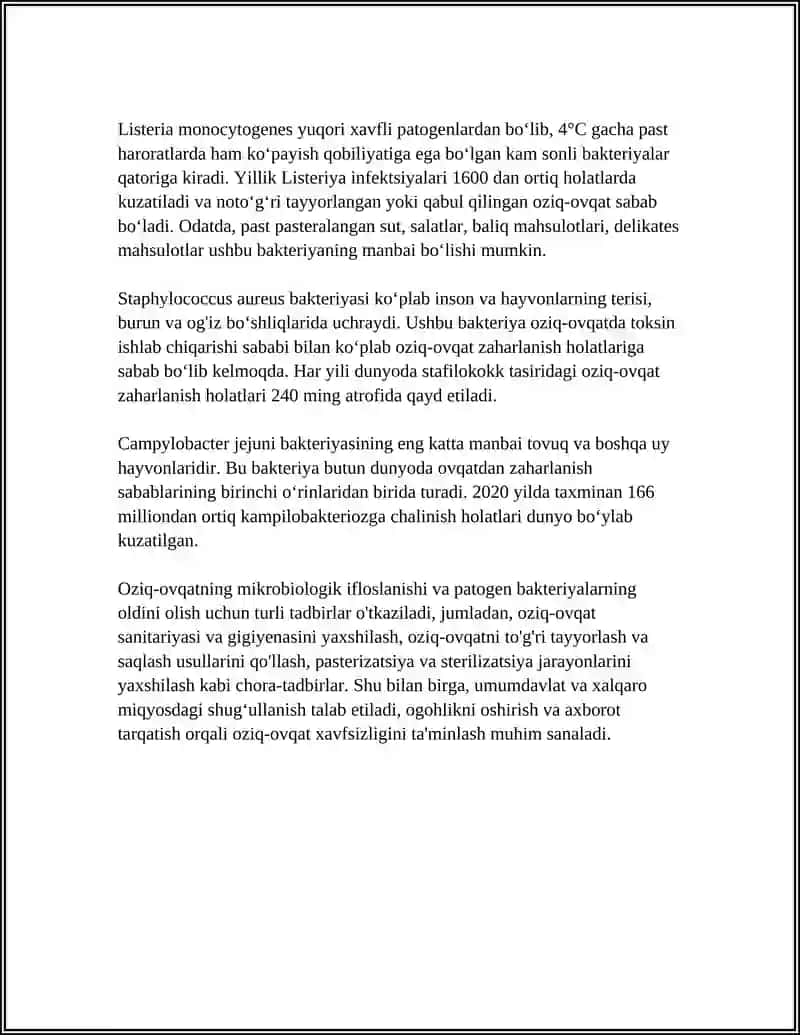Mikrobiologik ifloslanish va oziq-ovqatdagi patogen bakteriyalar 4