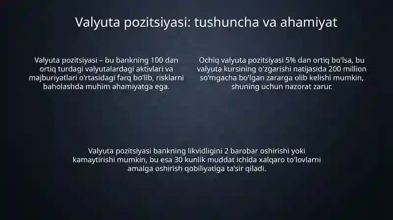 Valyuta operatsiyalarini tashkil etish valyuta pozitsyasi va nazorati 4