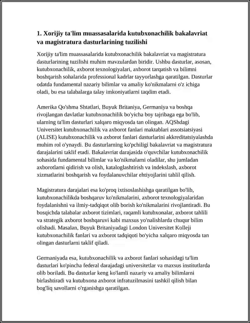 Xorijiy ta'lim muassasalarida kutubxonachilik bakalavriat va magistratura dasturlarining tuzilishi 4