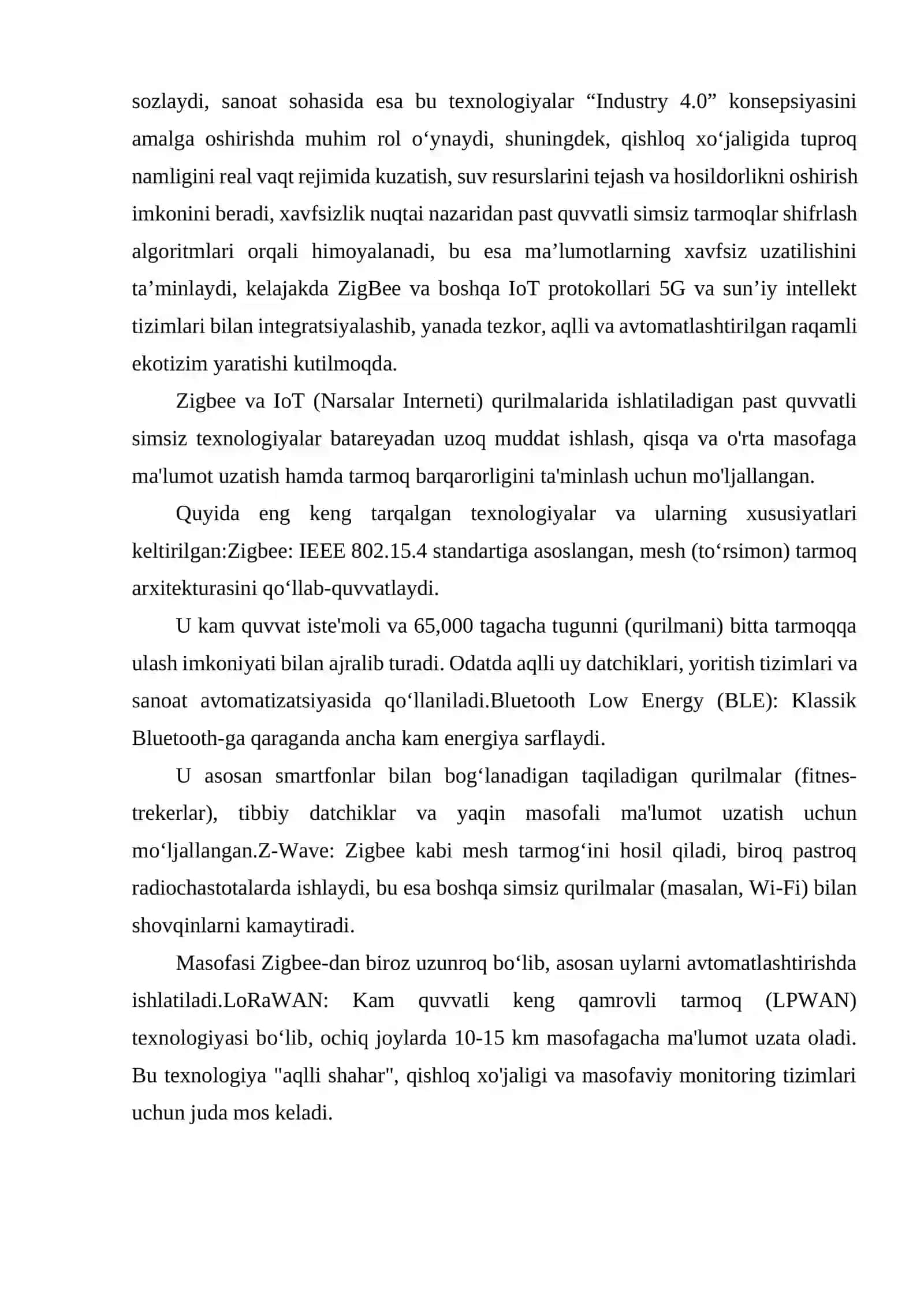 ZIGBEE VA IOT QURILMALARIDA ISHLATILADIGAN PAST QUVVATLI SIMSIZ TEXNOLOGIYALAR 4