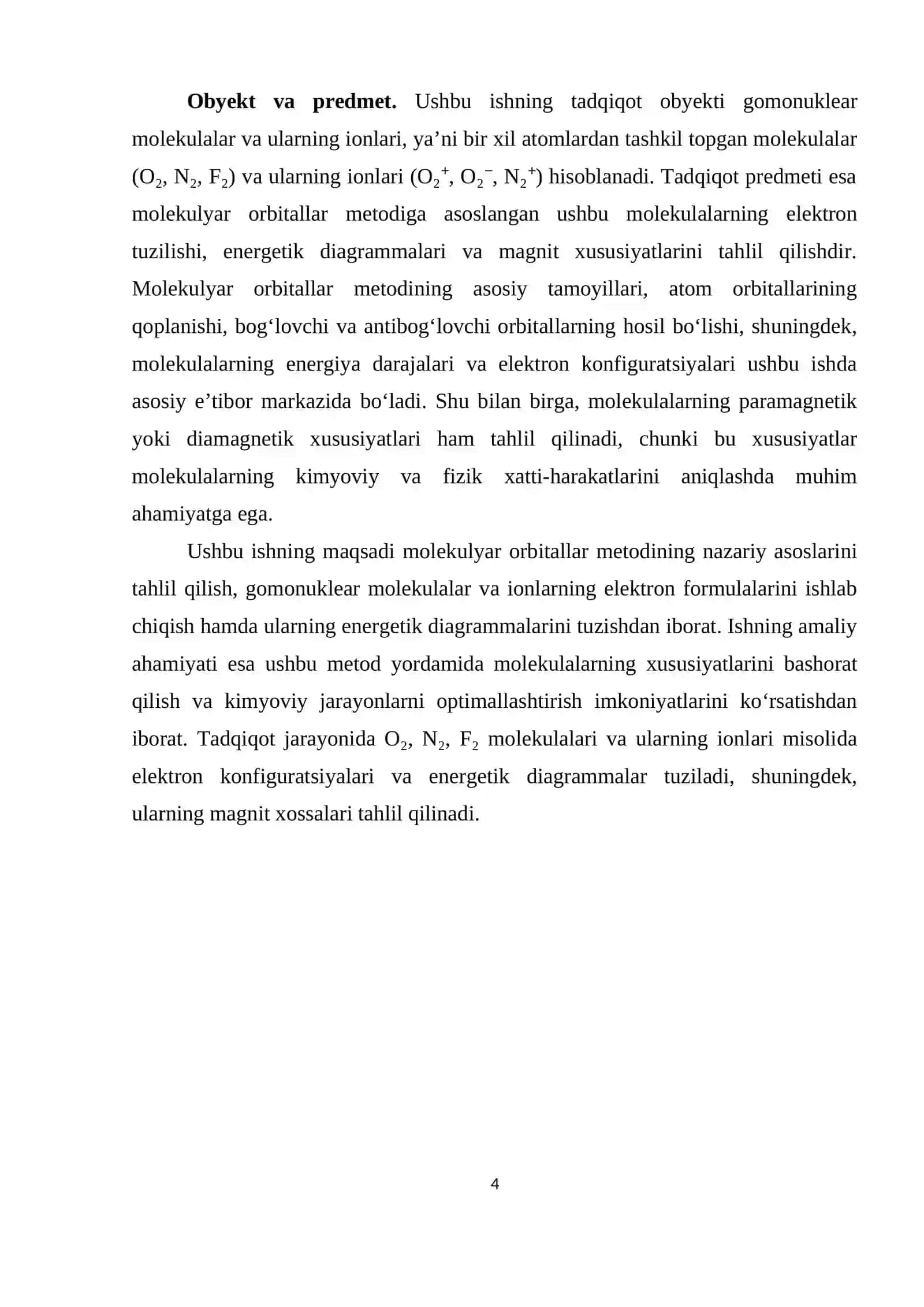 Molekulyar orbitallar metodi. Gomonuklear molekulalar va ionlarning elektron formulalari va energetik diagrammalarni tuzish 4