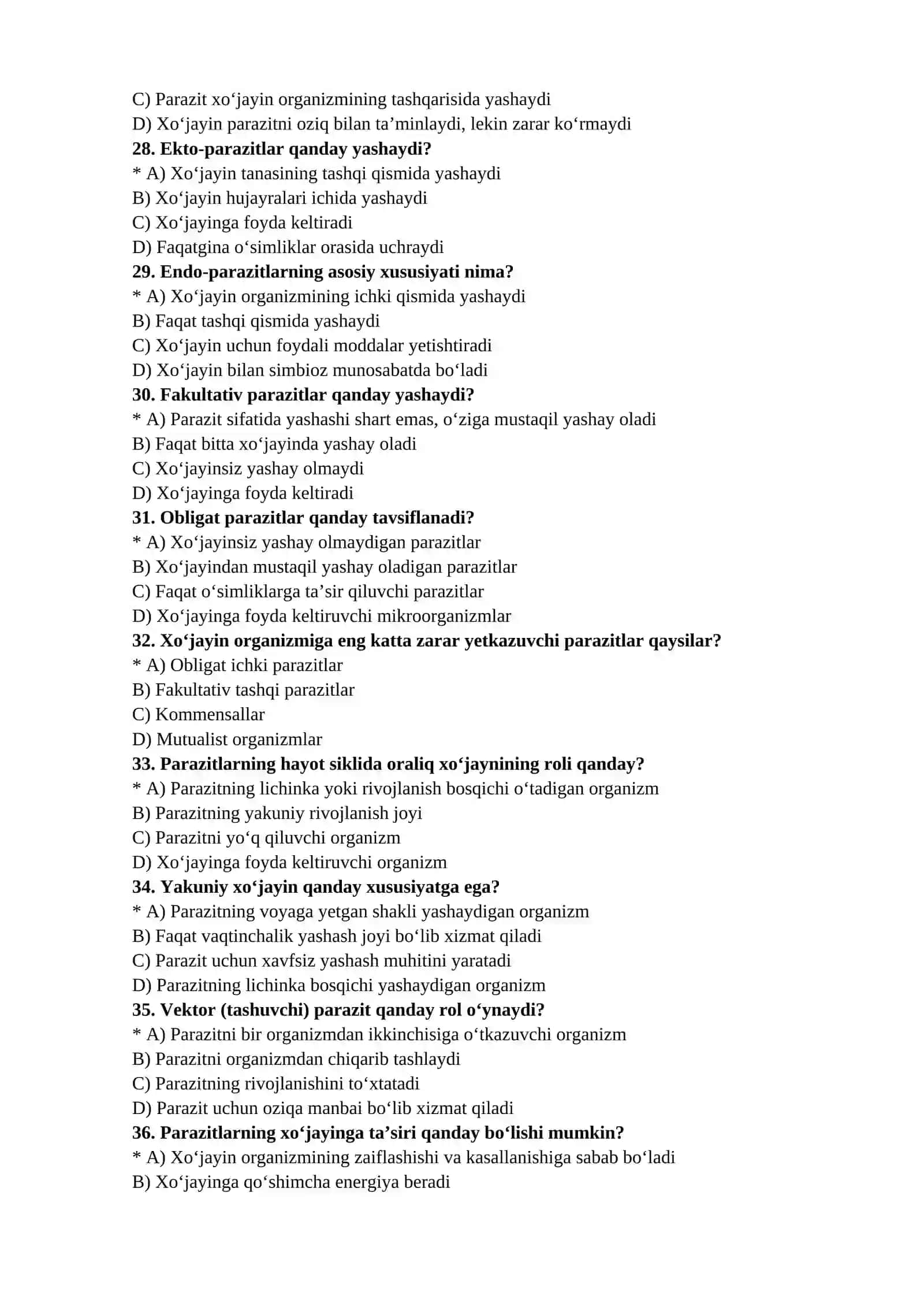 3-kurs Biologiya yo’nalishi talablari uchun “Parazitologiya” fanidan yakuniy nazorat test savollari javoblari bilan birga 4