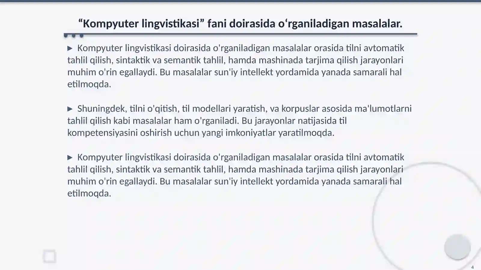 TIL KOMPETENSIYASINI RIVOJLANTIRISHDA SU’IY INTELLEKTNING AHAMIYATI. KОMPYUTER LINGVISTIKАSI 4