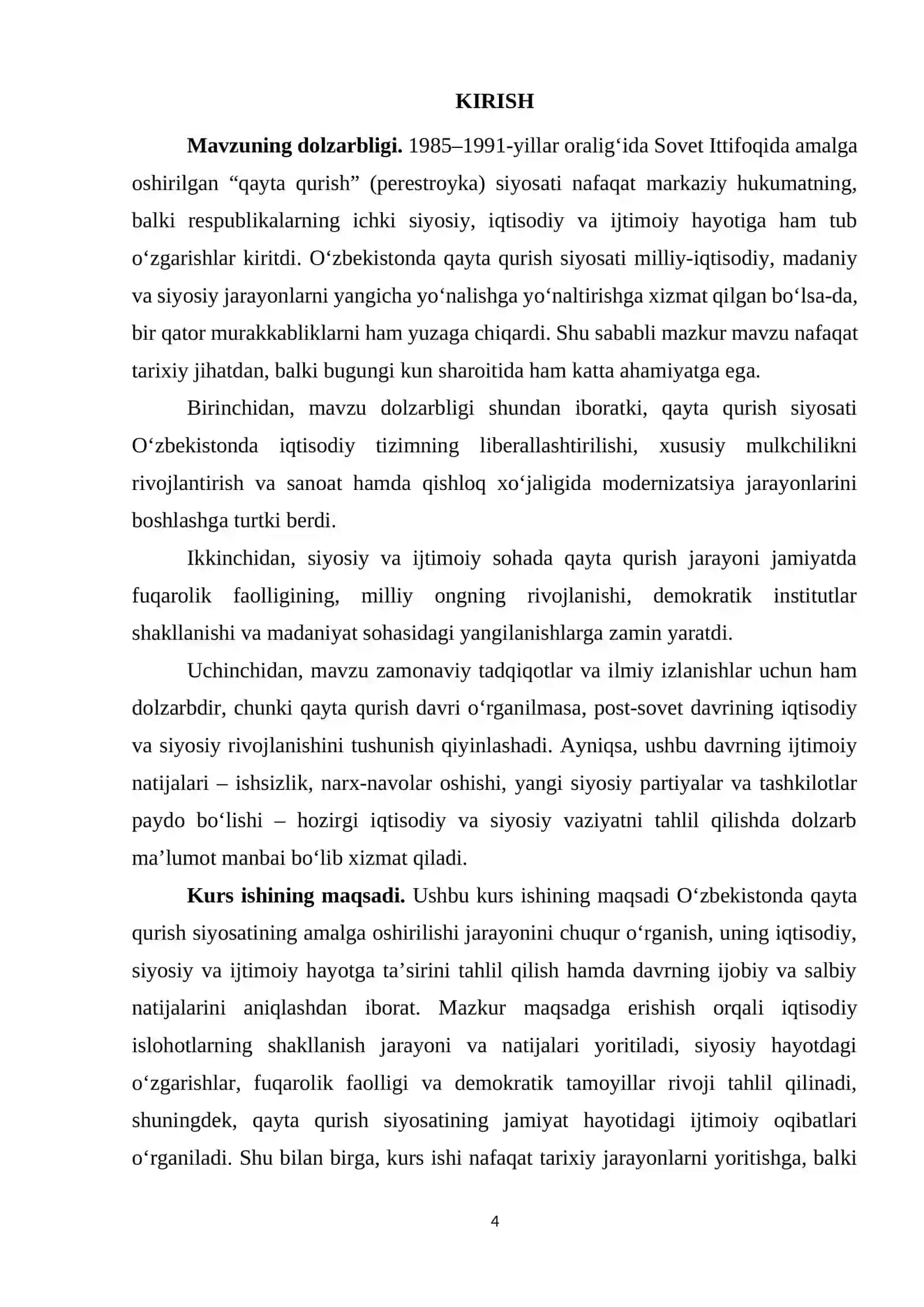 Kurs Ishi - O‘zbekistonda qayta qurish siyosatining amalga oshirilishi 4