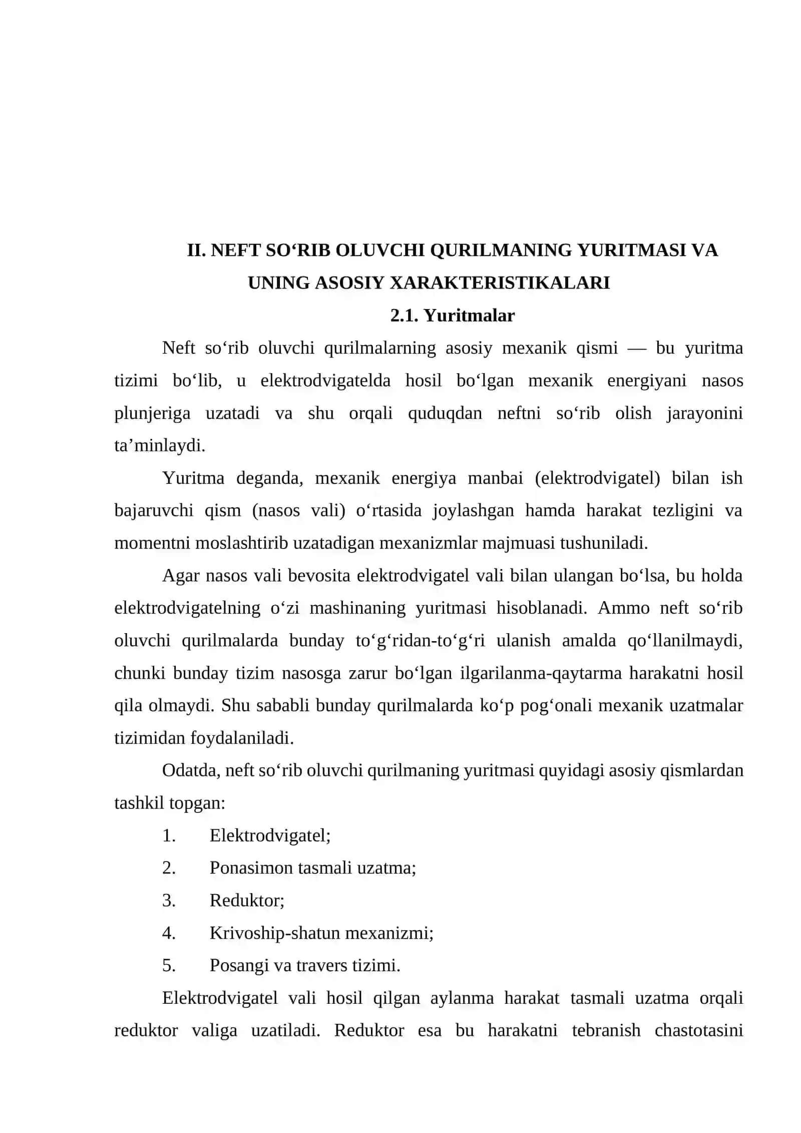 Neft so‘rib oluvchi qurilmaning yuritmasi va uning asosiy xarakteristikalari 4