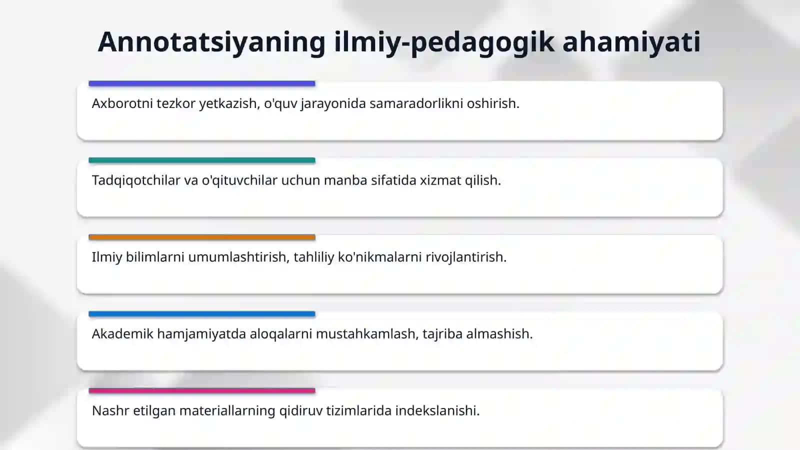 Ilmiy metodik jurnallaring yangi sonlaridagi adabiy talimga oid maqolalarning annotatsiyasini tuzish. 4