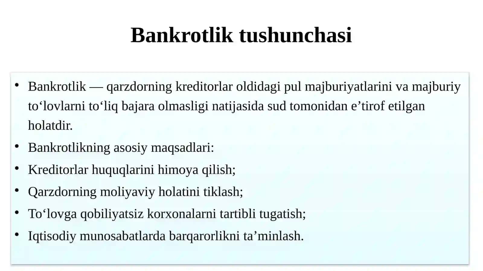 BANKROTLIK TO‘G‘RISIDAGI ISHLARNI IQTISODIY SUDDA KO‘RISH 4