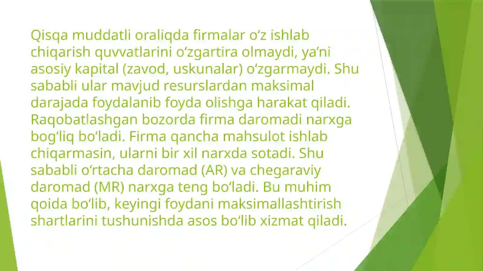 Raqobatlashgan bozorda qisqa muddatli oraliqda firma foydasini maksimallashtirish va uning taklif 4