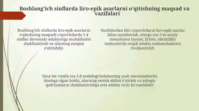 Boshligʻi sinfdallirov epic asarlar ustida ishlash uchun metodik tavsiyalar ishlab chiqish 4