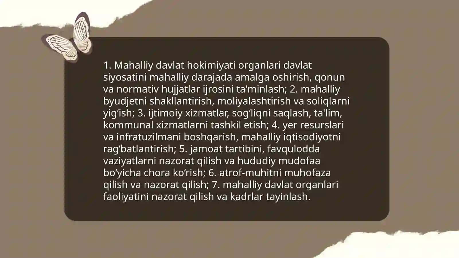 Mahalliy davlat hokimiyati asoslari. Fuqarolarning o‘zini o‘zi boshqarish organlari Abdunabiyeva Bahora 4