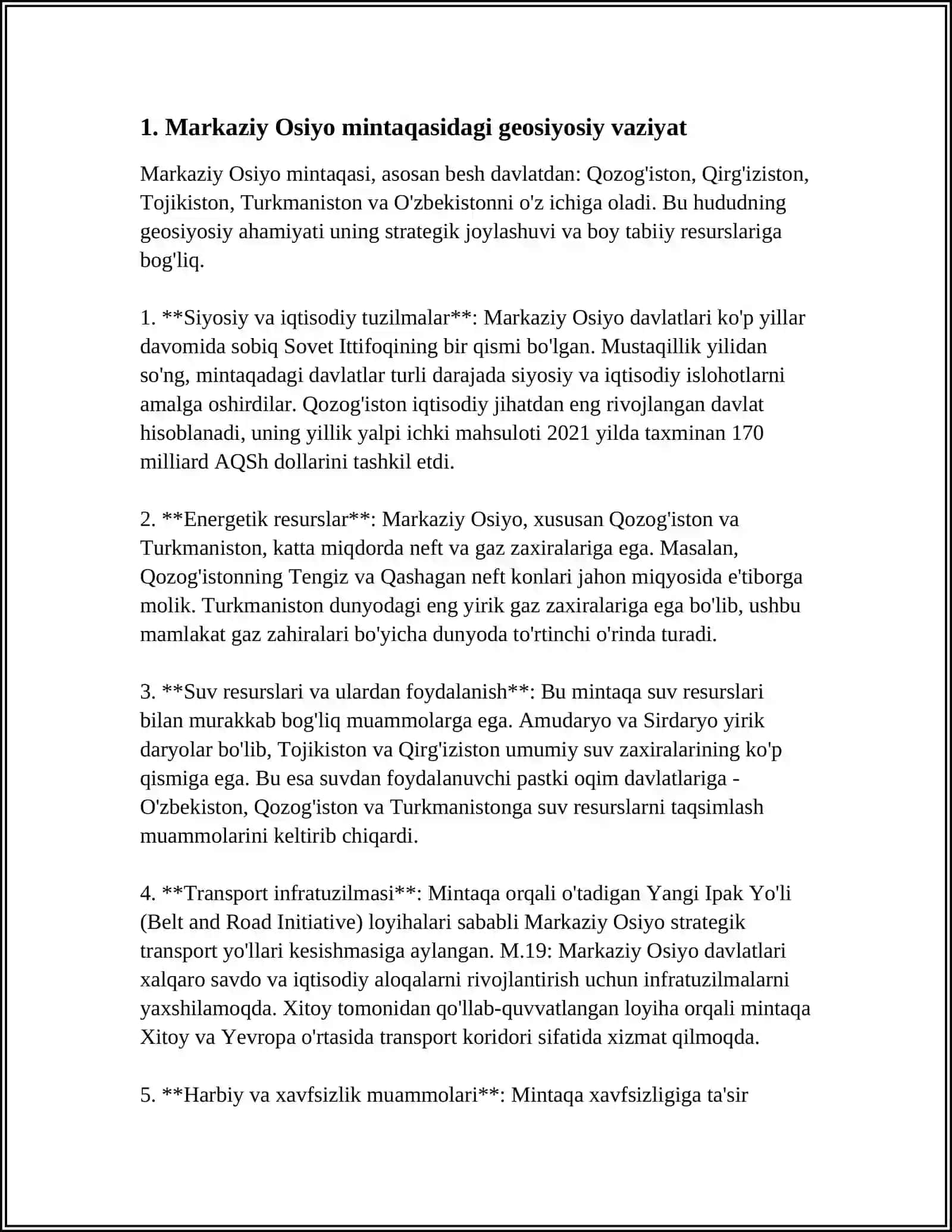 O'ZBEKISTONNING MARKAZIY OSIYODA TINCHLIK VA BARQARORLIKNI TAʼMINLASHDAGI O'RNI 4