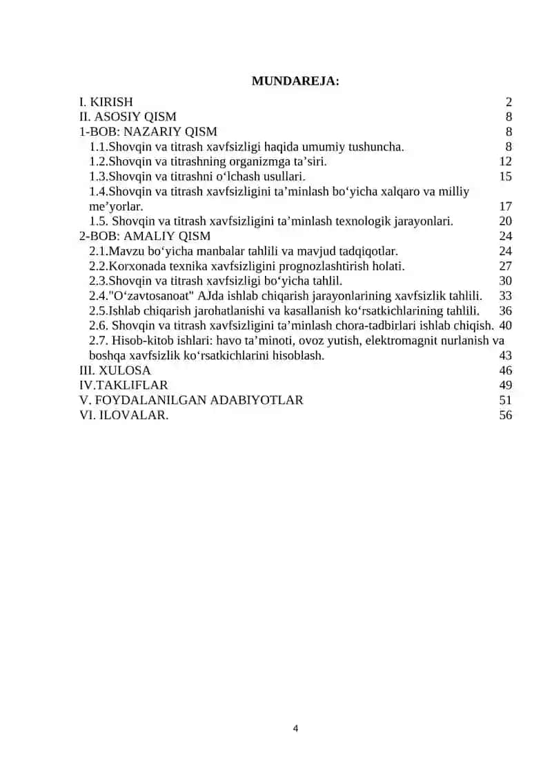 Kursovaya ish "Ishlab Chiqarish Korxonalarida Shovqin va Titrash Xavfsizligini Ta’minlash Chora-Tadbirlar" 4