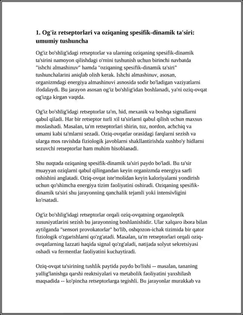 ISHCHI ALMASHINUV.OZIQANING SPESIFIK-DINAMIK TA'SIRINI NAMOYON BO'LISHIDA OG'IZ BO'SHLIG'I RETSEPTORLARNING ROLI 4