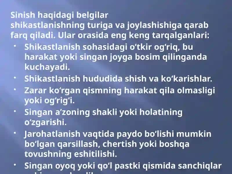 Suyaklarning sinishi va chiqishi holatlarida birinchi yordam ko`rsatish 4