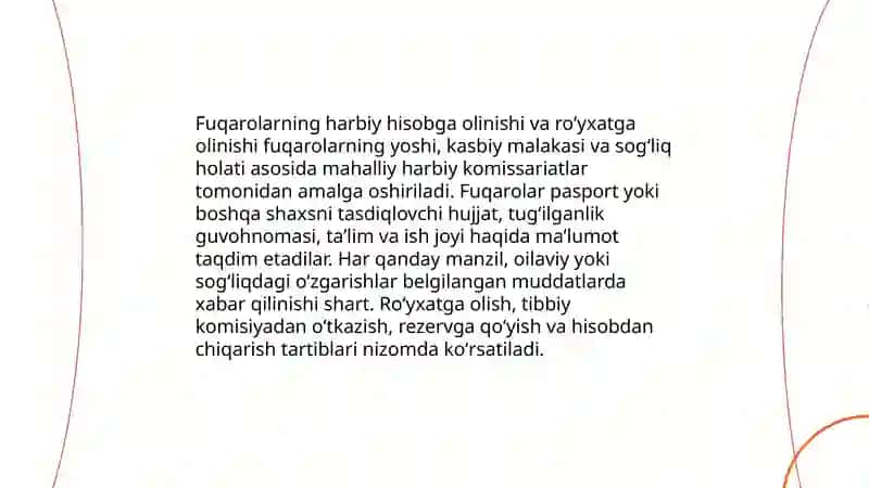 Oʻzbekiston Respublikasi fuqarolarning harbiy hizmatni oʻtash tartibi toʻgʻrisidagi nizomi 4