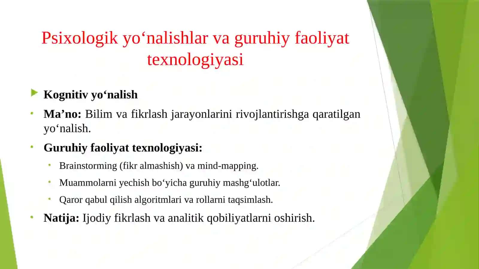 Turli xil psixologik yo'nalishlarda guruhiy faoliyatning texnologiyasi 4