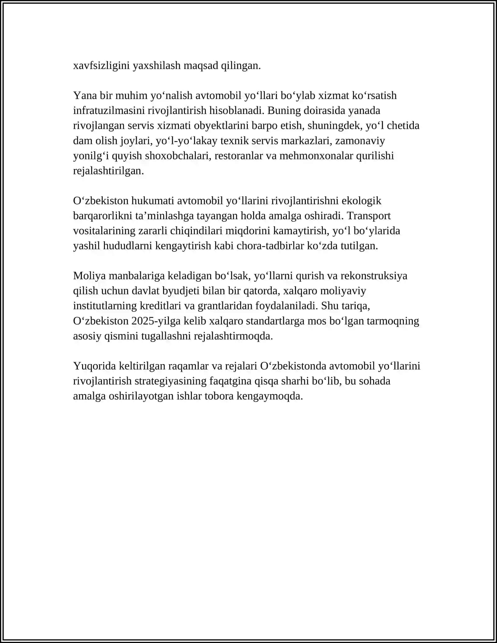 O'zbekiston Respublikasi Avtomobil Yo'llarining Rivojlanishi Boyicha Hukumat Qarorlari va Farmoyishlari 4