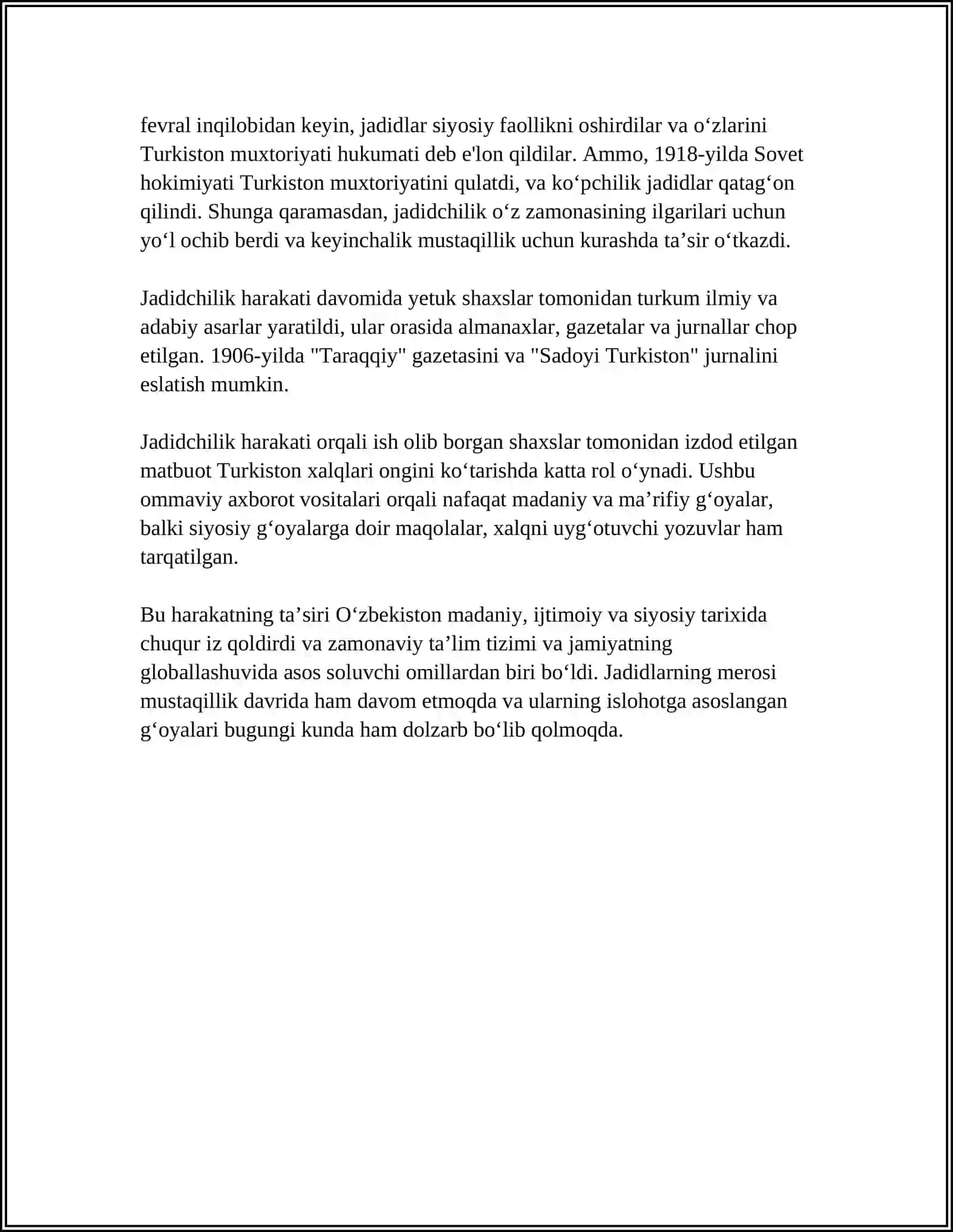 MILLIY DAVLATCHILIKNI BARPO ETISHDAGI HARAKATLAR:JADIDCHILIK 4