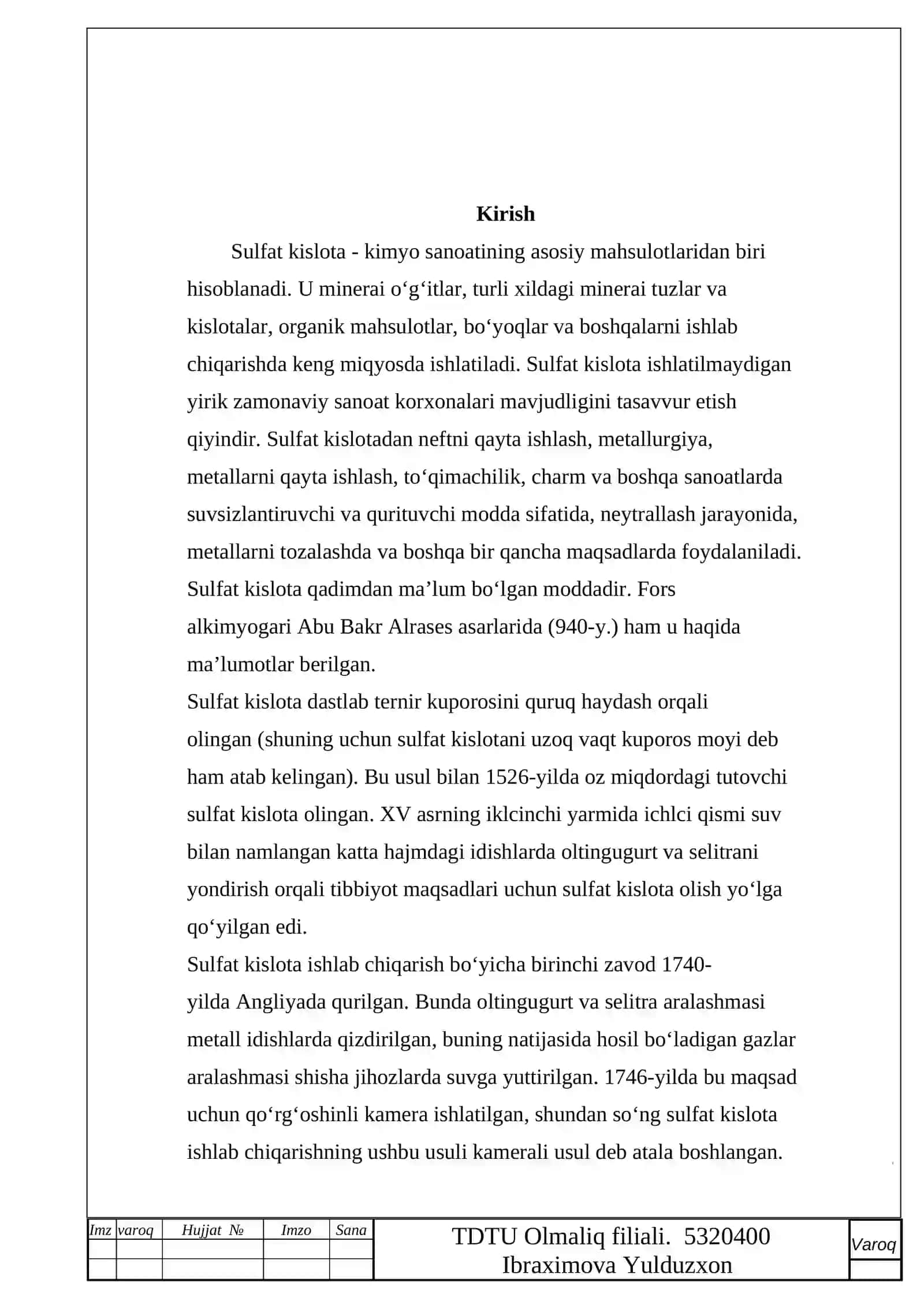 Tabiiy oltingugurtdan sulfat kislota ishlab chiqarish oʻchoq boʻliming hisobi va loyihasi 4