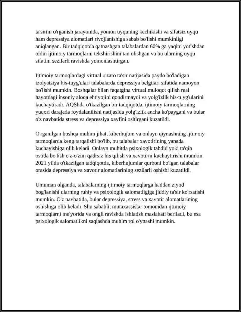 INTERNET VA IJTIMOIY TARMOQLARNING TALABALARNING PSIXIK SALOMATLIGIGA TASIRI 4