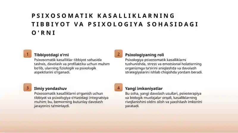 Psixosomatik kasalliklar bilan kasallangan bemorlarning xulq atvor buzilishlar. Psixosomatik kasalliklarning fiziologiyasi 4