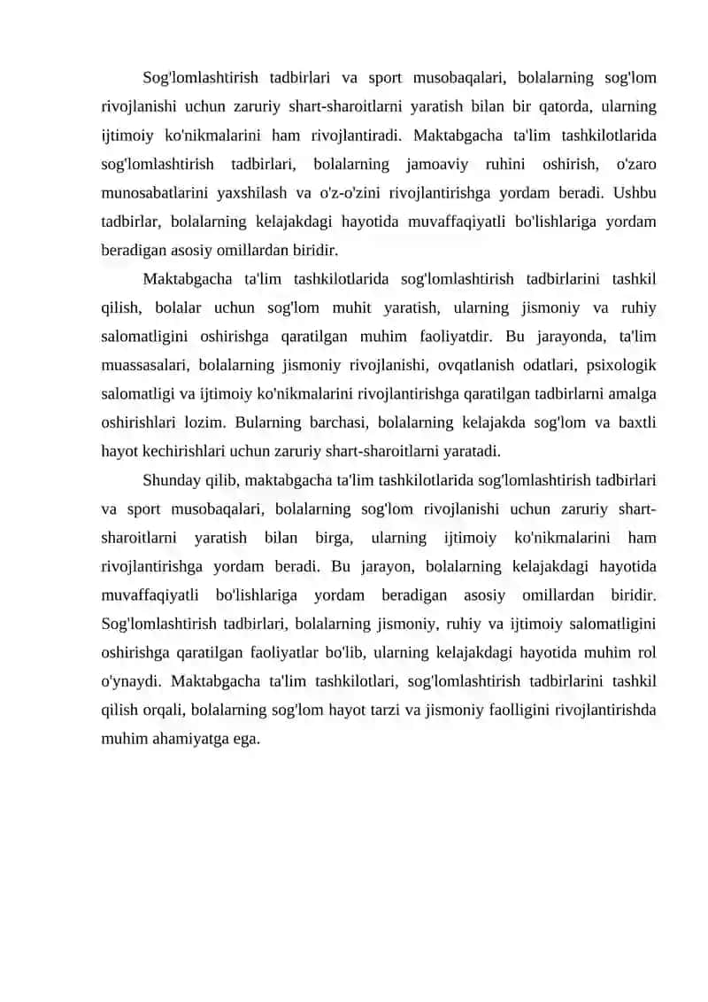 Maktabgacha ta’lim tashkilotlarida sog`lomlashtirish tadbirlarini tashkil qilish, sport musobaqalarini o`tkazish 4