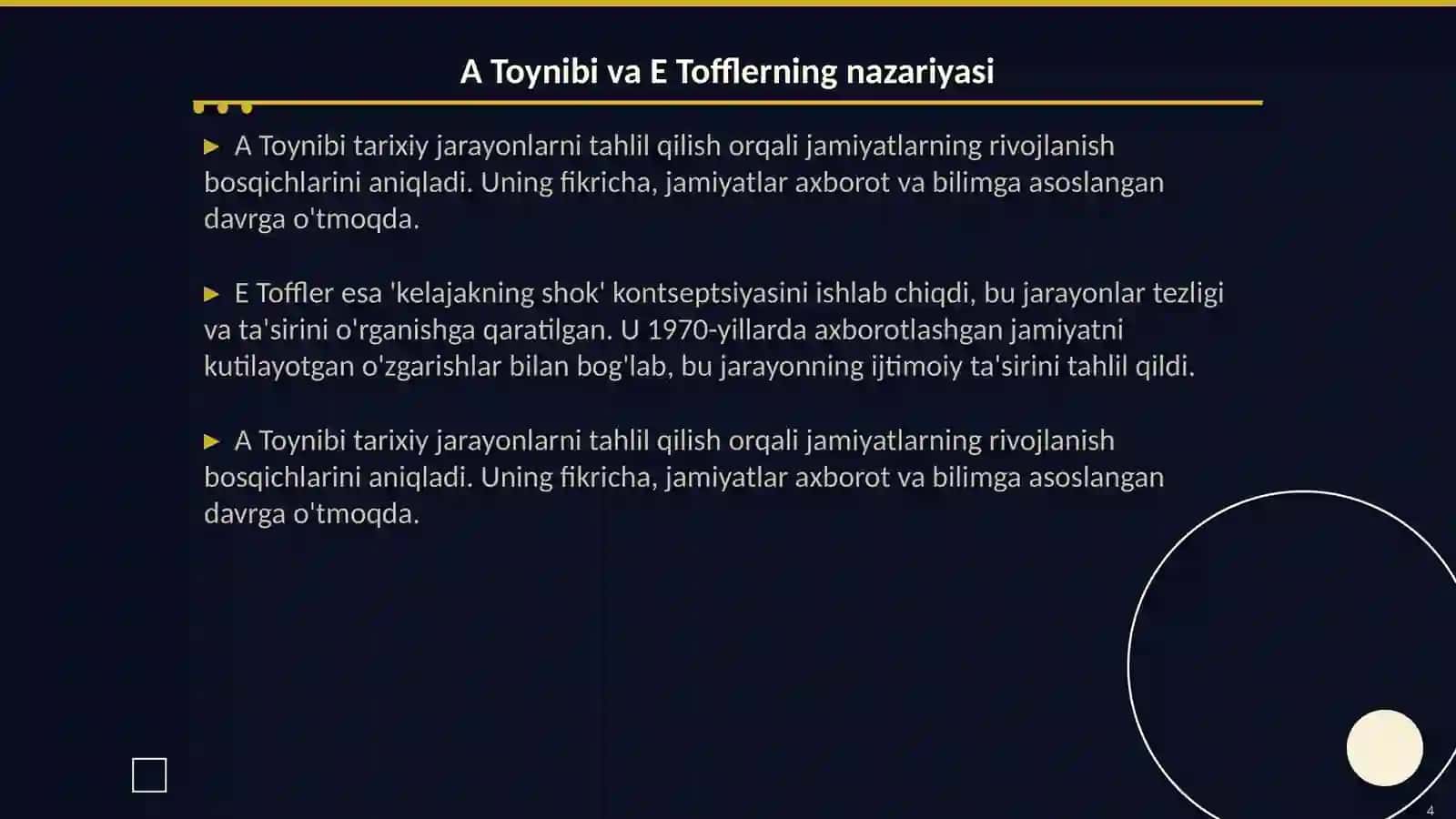 Axborotlashgan jamiyat va uning istiqbollari mavzusida esse tayyorlash A Toynibi,E Toffler asarlarini tahlili asosida 4