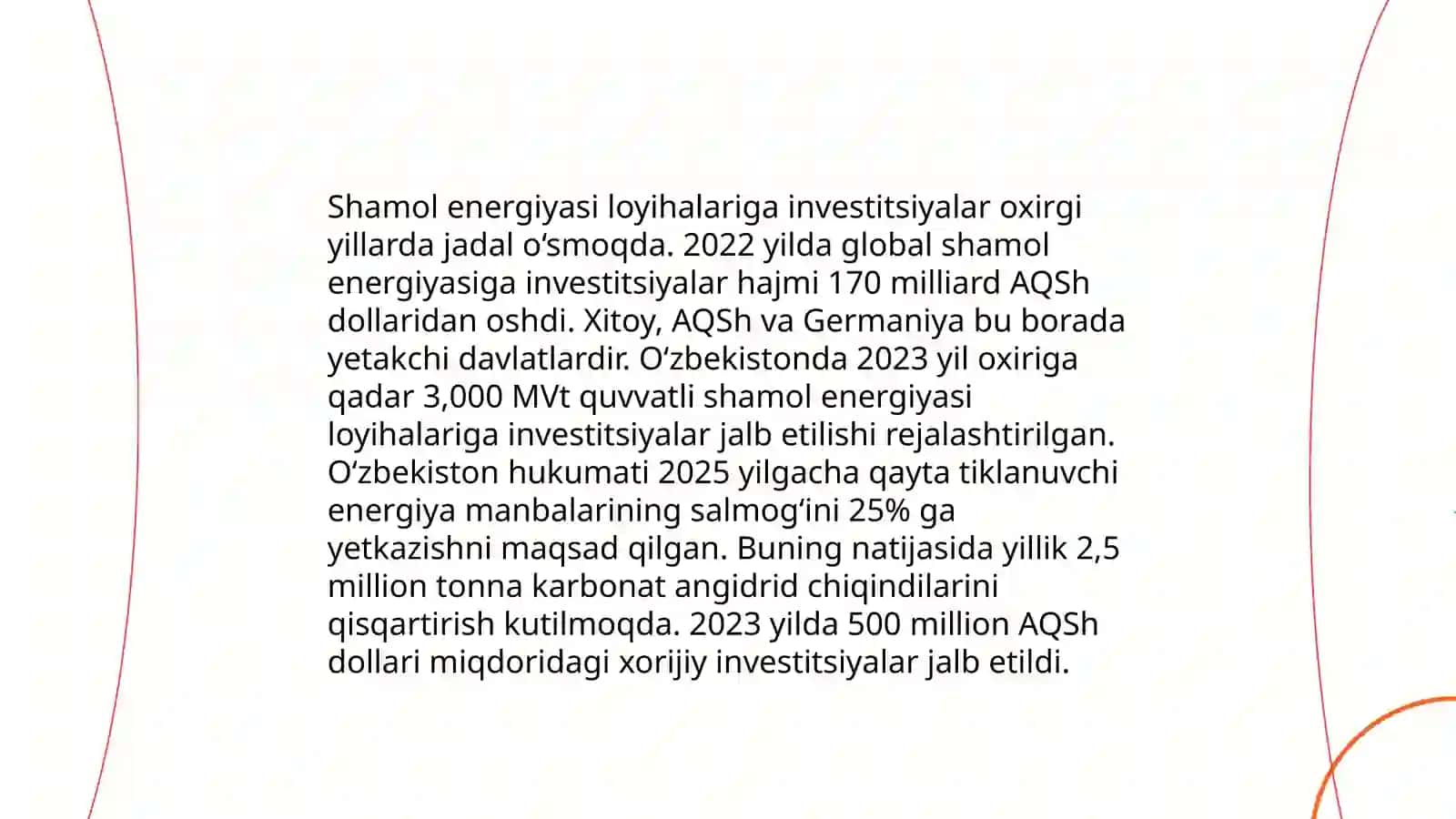 Tiklanadigan energiya manbalarini o'zlashtirishga yangidan yo'naltirilayotgan investiciyalar 4