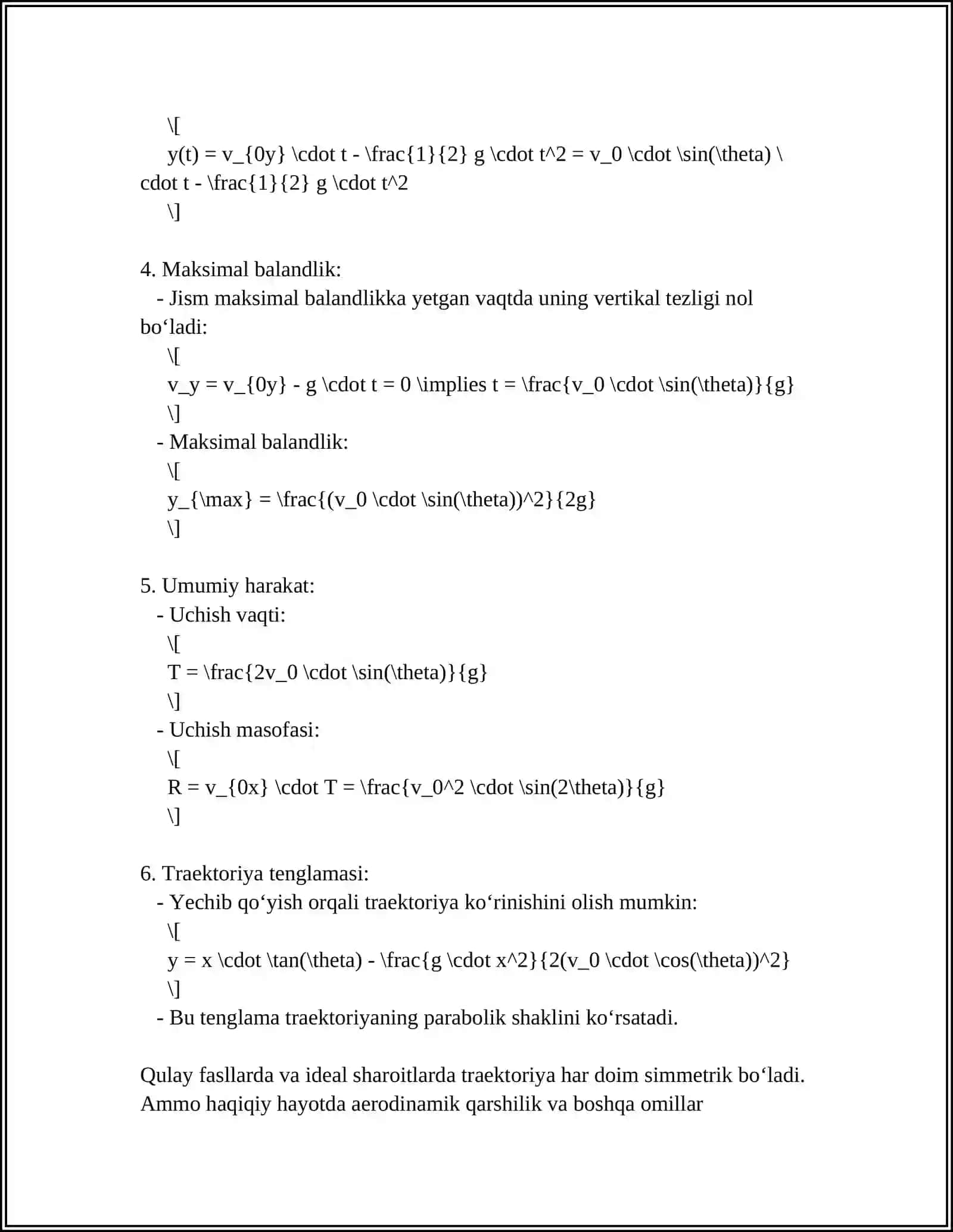 OYDA UFQQA BURCHAK OSTIDA OTILGAN JISM PARVOZINING MATEMATIK MODELINI YARATISH VA XUDDI SHUNDAY BOSHLANG'ICH SHAROITDA YERDAGI JARAYON NATIJALARI BILAN TAQQOSLASH 4
