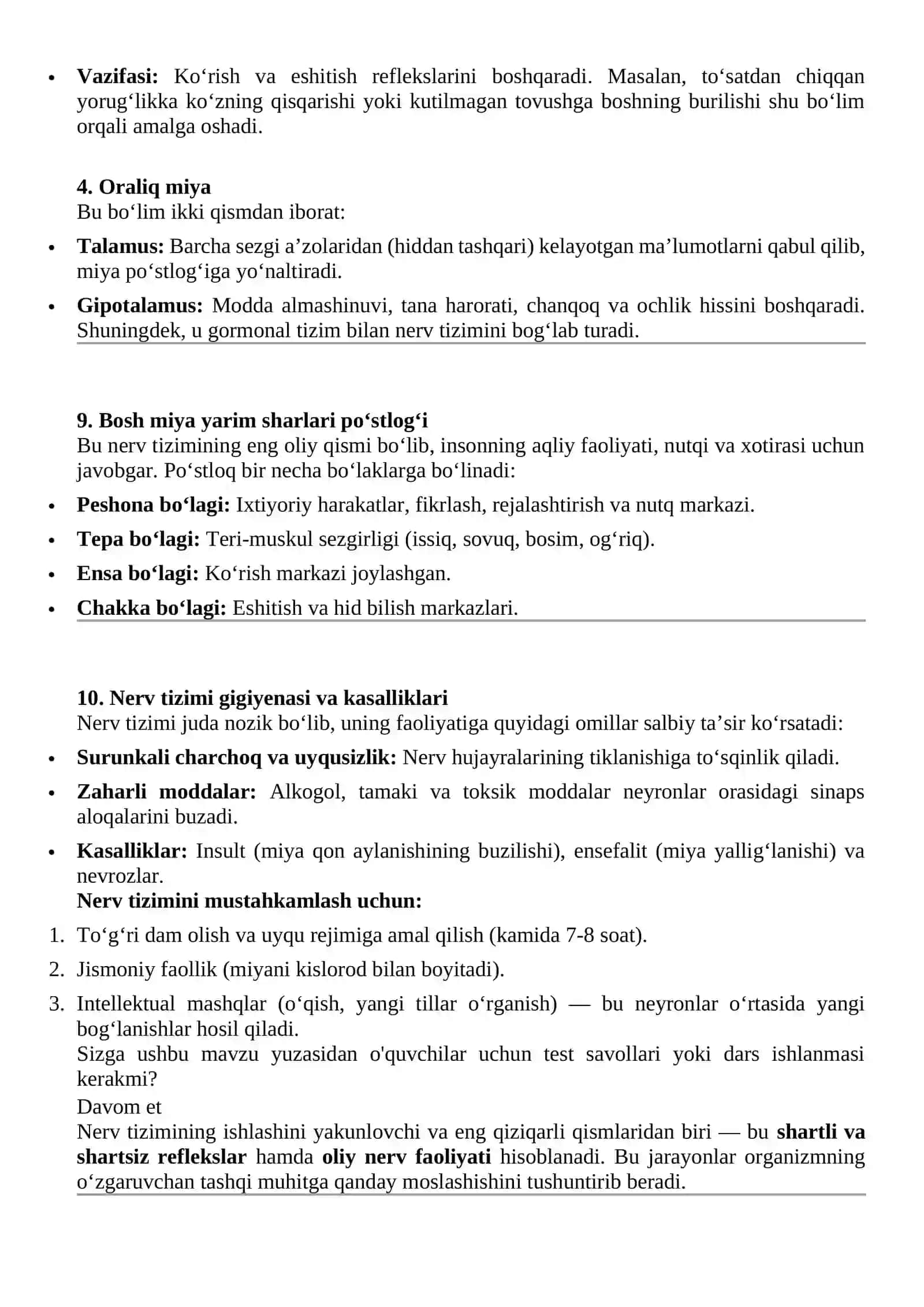 Organizm faoliyatining nerv tizimi vositasida boshqarilishi, nerv tizimining turlari 4