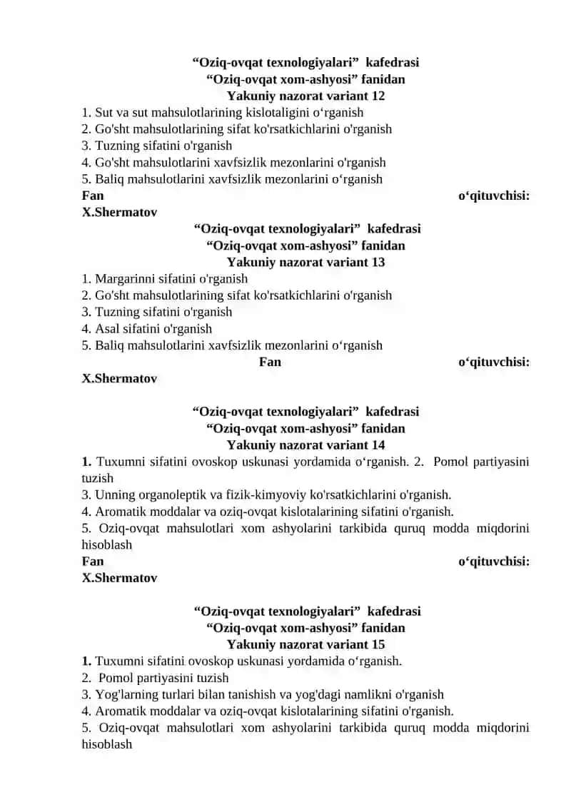 Oziq-ovqat xom-ashyosi fanidan Yakuniy nazorat variant 1 4