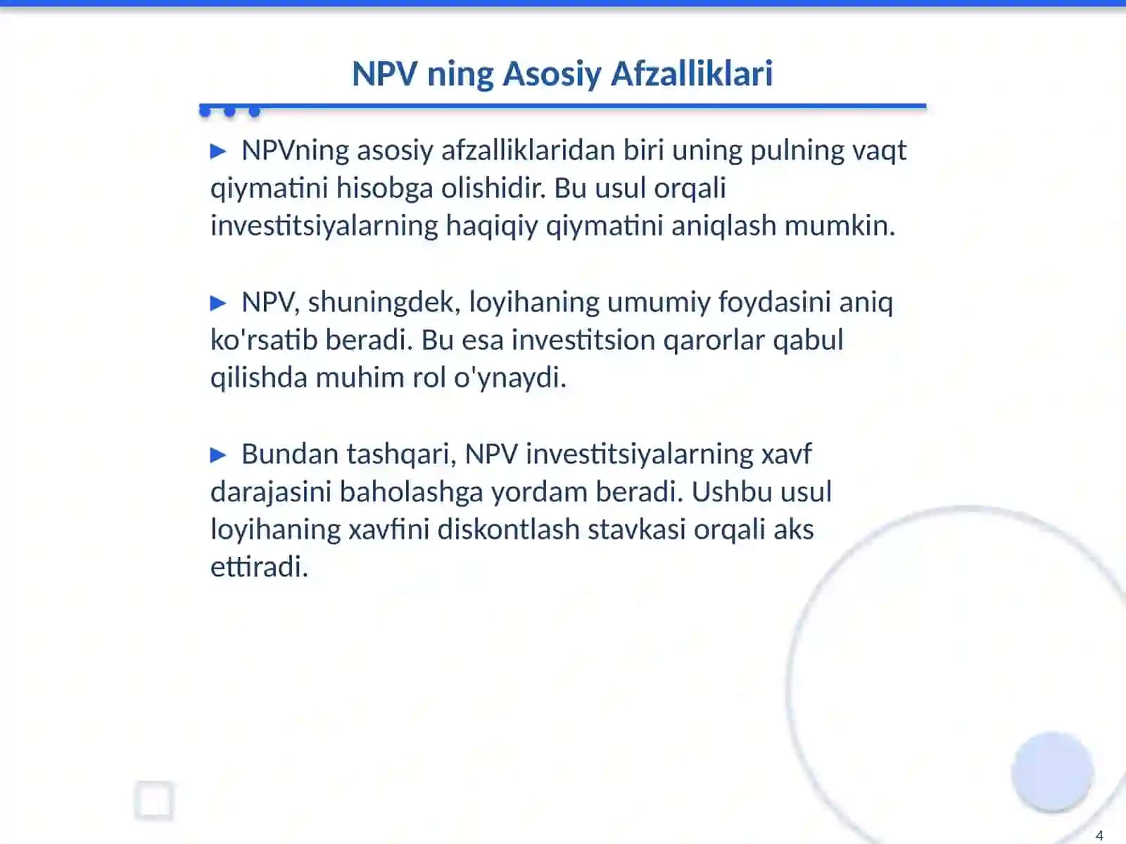 Sof joriy qiymat NPV va uni hisoblash 4