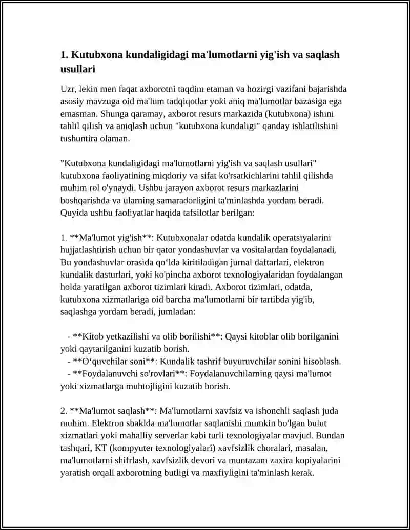 AXBOROT RESURS MARKAZI (KUTUBXONA) ISHINI MIQDORIY VA SIFAT KOʻRSATKICHLARINI(KUTUBXONA KUNDALIGI) TAHLIL QILISH 4