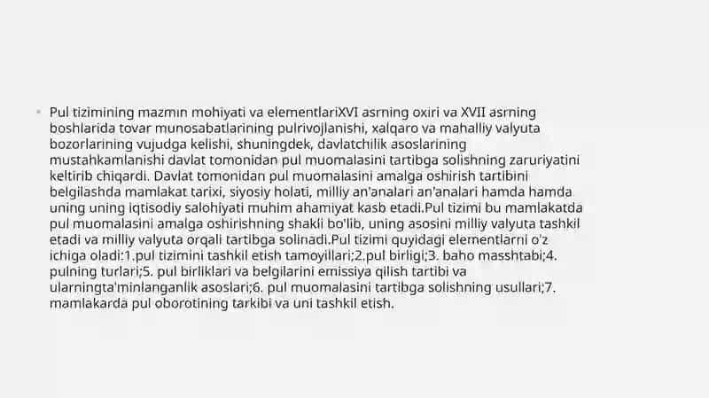 O'zbekiston Respublikasi pul tizimi va uning elementlari 4