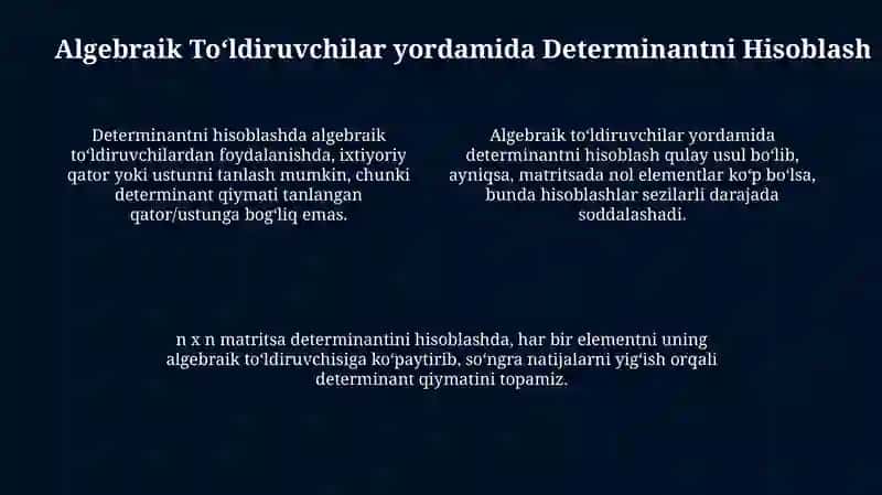 Algebraik toʻldiruvchi minorlar va teskari matrissa. Kramer formulalari 4