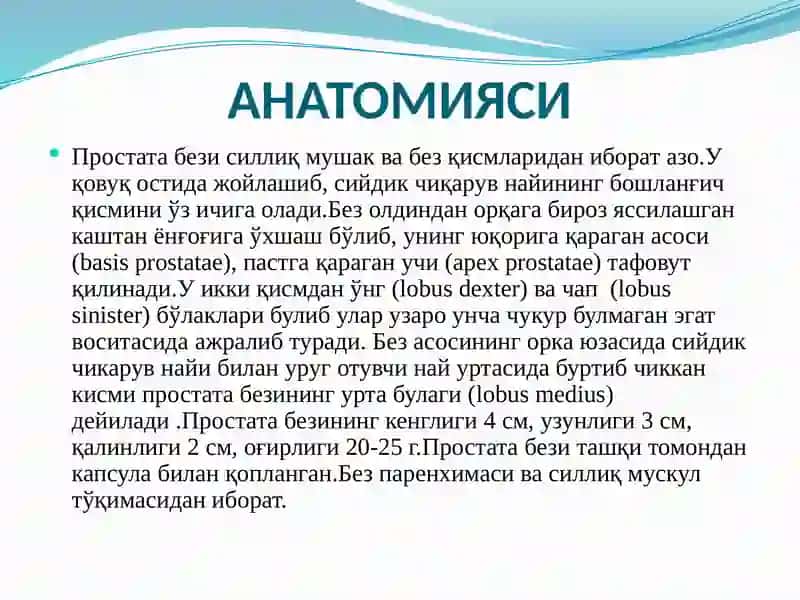 ПРОСТАТИТ.ЭТИОЛОГИЯСИ, ПАТОГЕНЕЗИ, КЛАССИФИКАЦИЯ, КЛИНИКАСИ, ДИАГНОСТИКА ВА ДАВОЛАШ 4