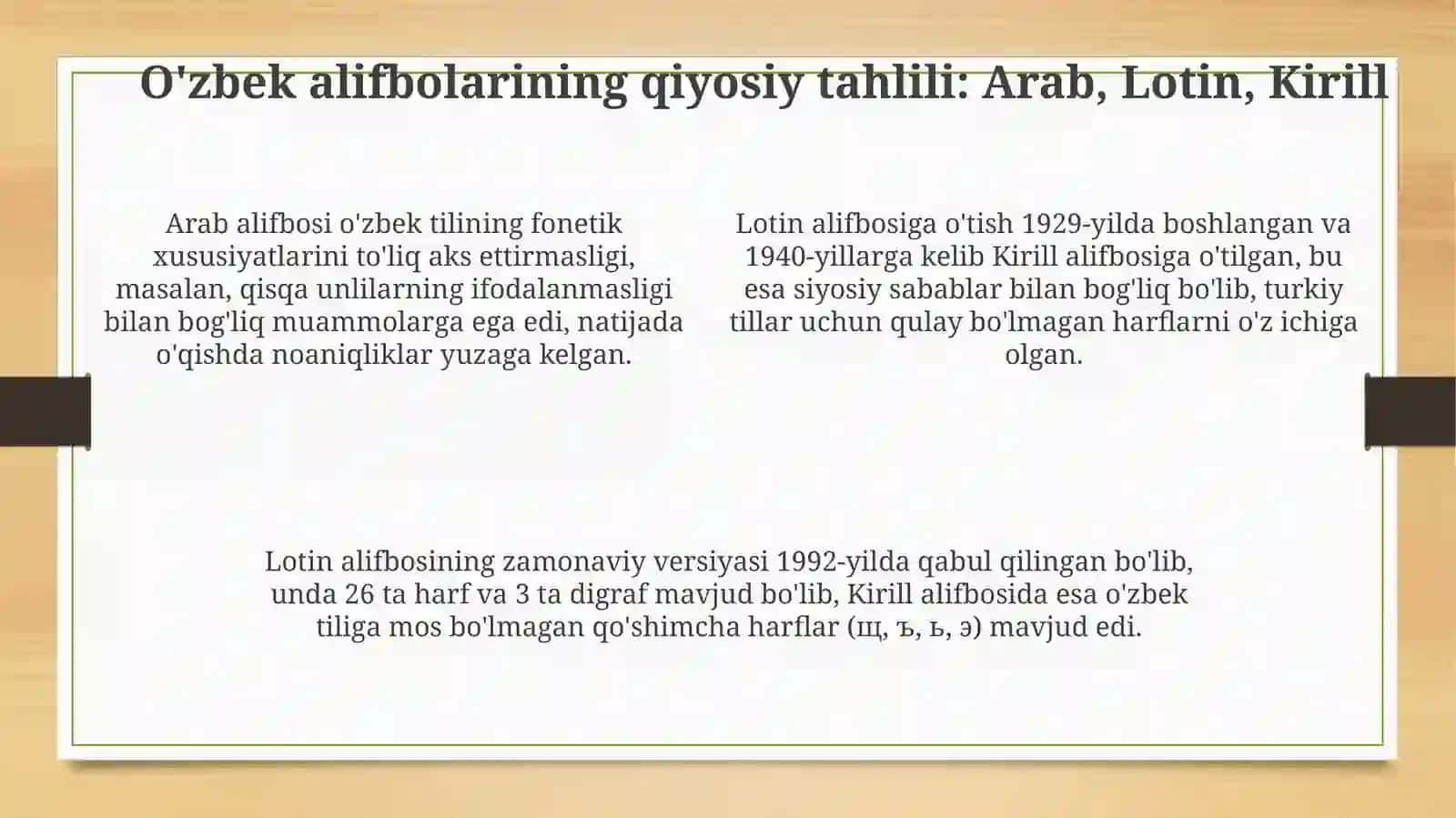 Oʻzbek tilining yozuv tizimlari taraqqiyoti oʻzbek tili orfografiyasining asosiy prinsiplari 4