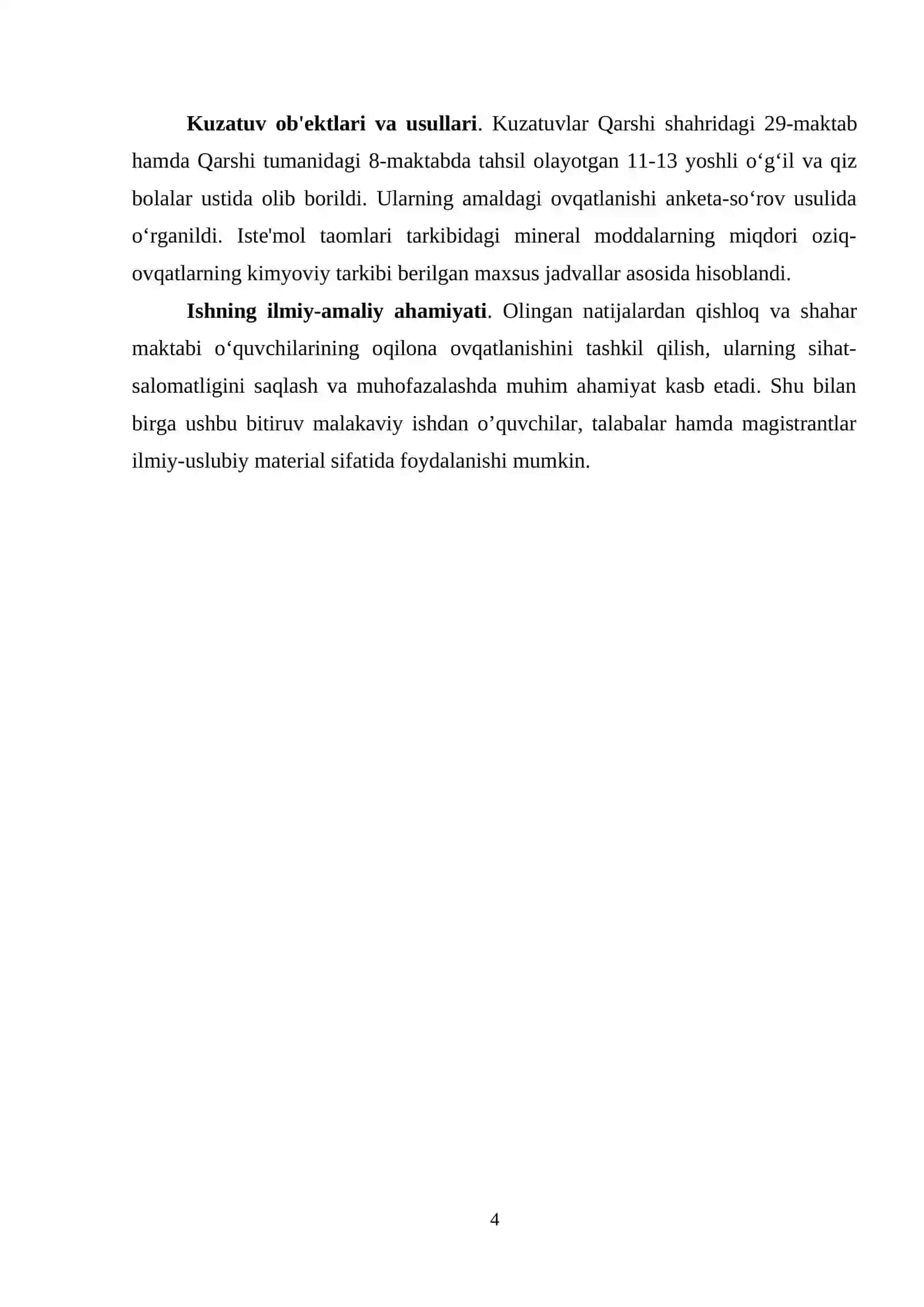 Qishloq va shahar o'quvchilari amaldagi ovqatlanishining qiyosiy xarakteristikasi (mineral moddalar misolida) BITIRUV MALAKAVIY ISHI 4