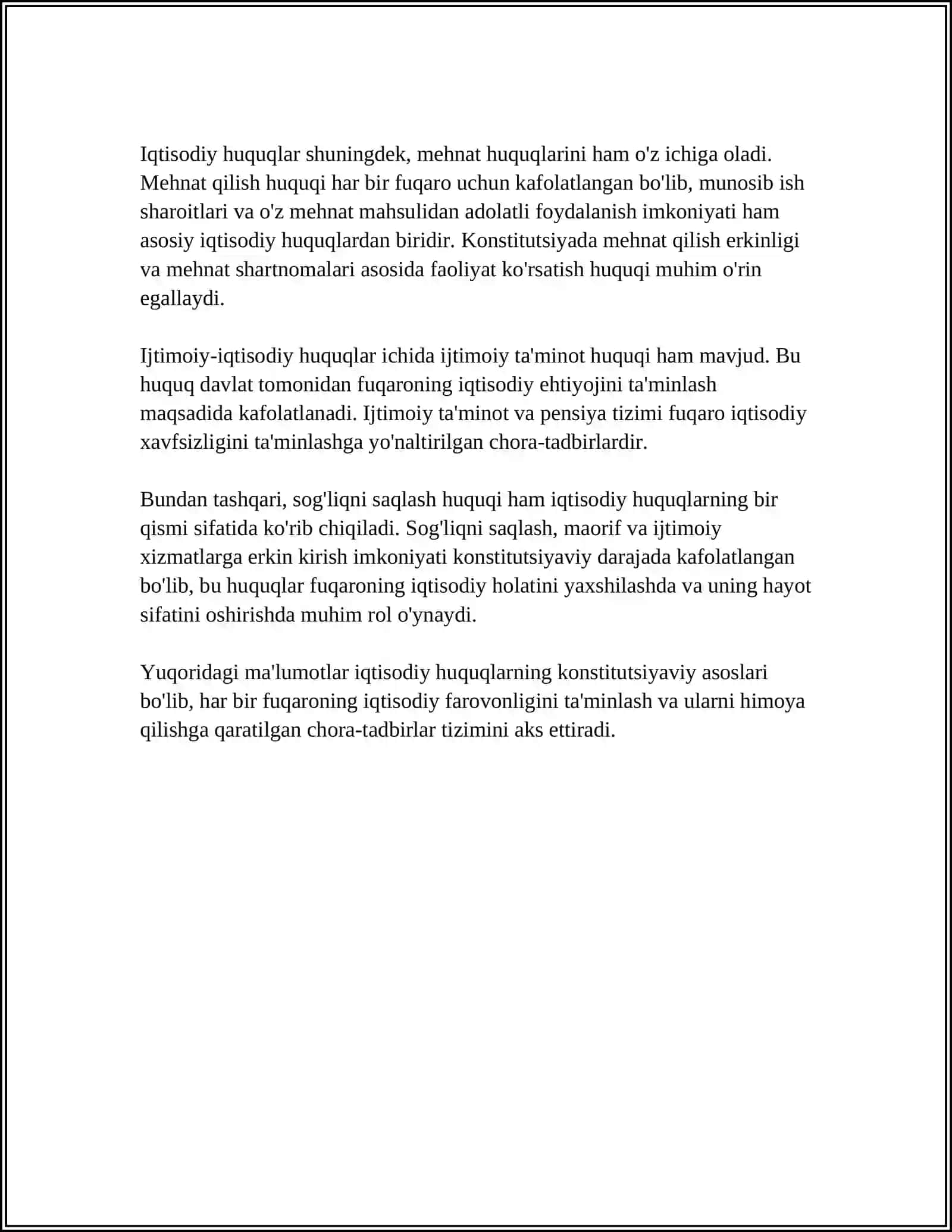 MUSTAQIL ISH Mavzu: IQTISODIY, IJTIMOIY, MADANIY VA EKOLOGIK HUQUQLARINING KONSTITUTSIYAVIY ASOSLARI 4