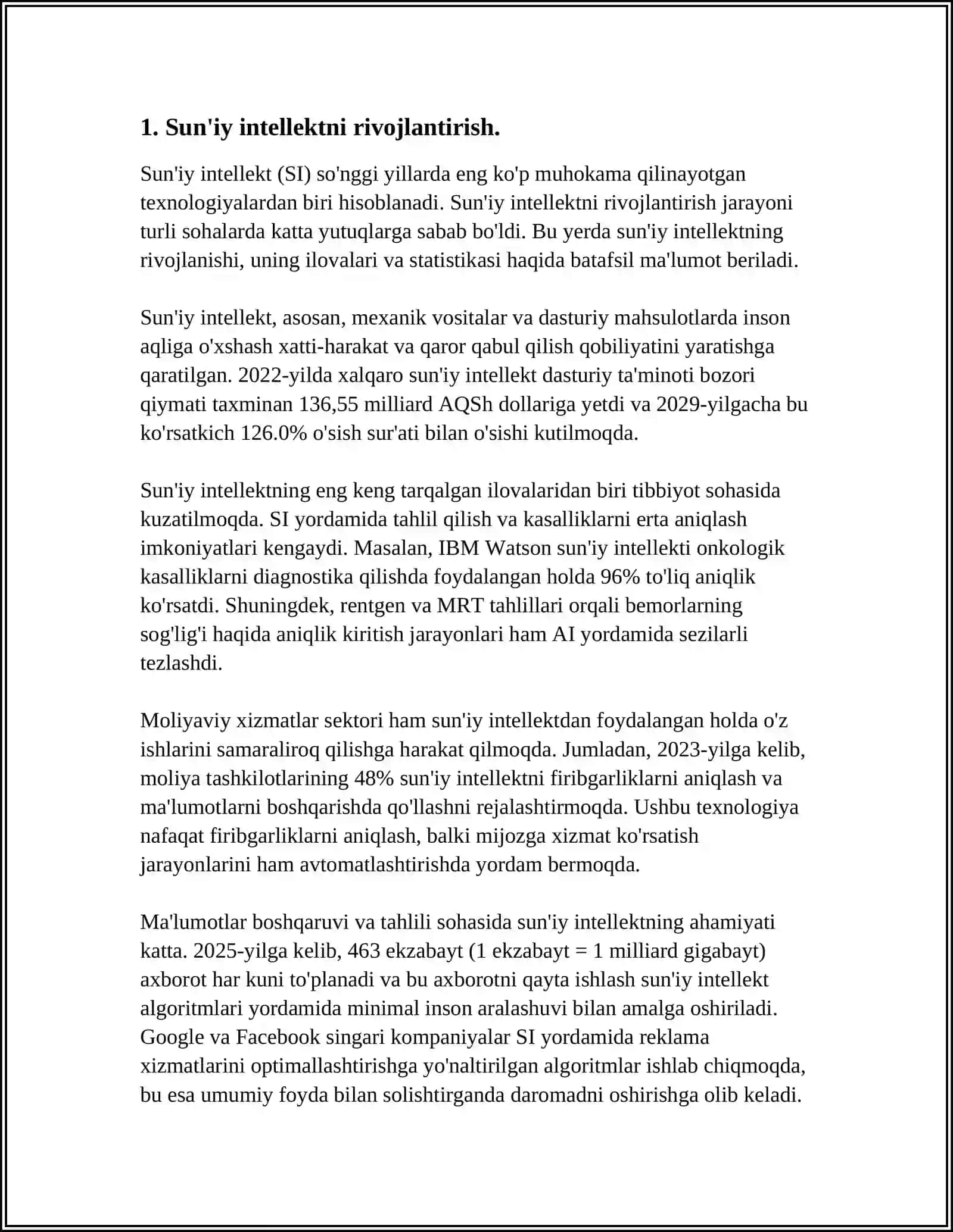 O'ZBEKISTON RESPUBLIKASI PREZIDENTINING 2021-YIL 17-FEVRALDAGI "SUNI'Y INTELLEKT TEXNOLOGIYALARINI JADAL JORIY ETISH UCHUN SHART-SHAROITLAR YARATISH CHORA-TADBIRLARI TO'G'RISIDA"GI PQ-4996-SON QARORI 4