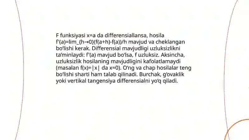 Differensial hisob. Funksiya hosilasi. Hosilaning mehanik, geometrik va iqtisodiy talqinlari 4