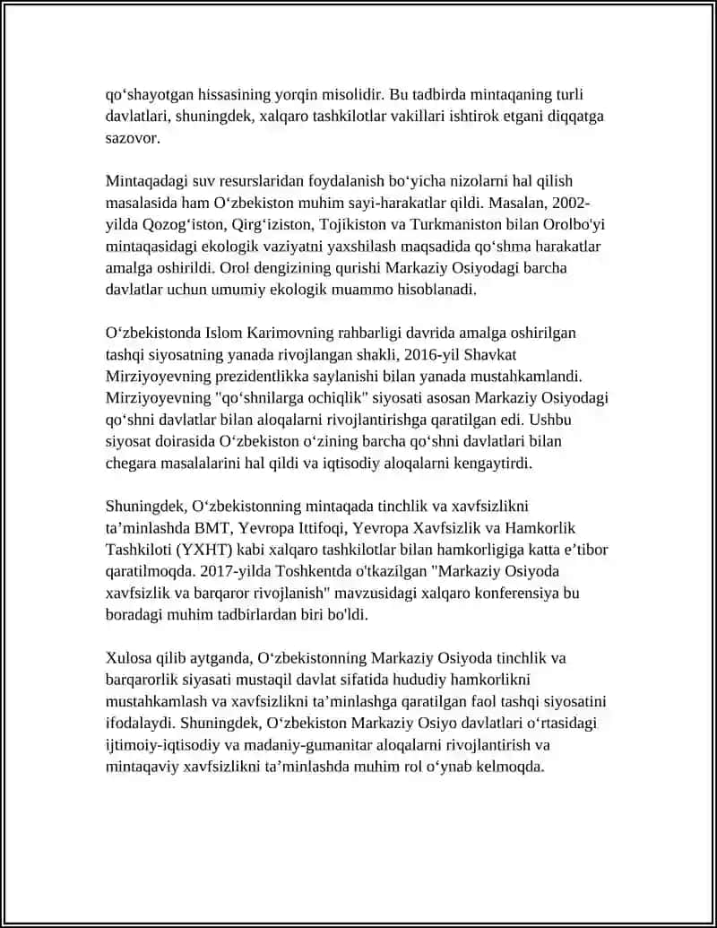 O'ZBEKISTONNING MARKAZIY OSIYODA TINCHLIK VA BARQARORLIKNI TA’MINLASHDAGI OʻRNI 4